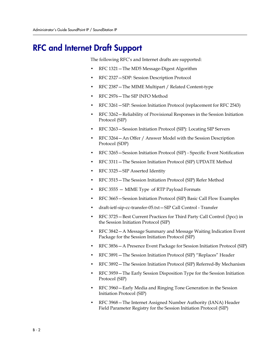 Rfc and internet draft support | Polycom SOUNDPOINT SIP 2.2.0 User Manual | Page 216 / 254