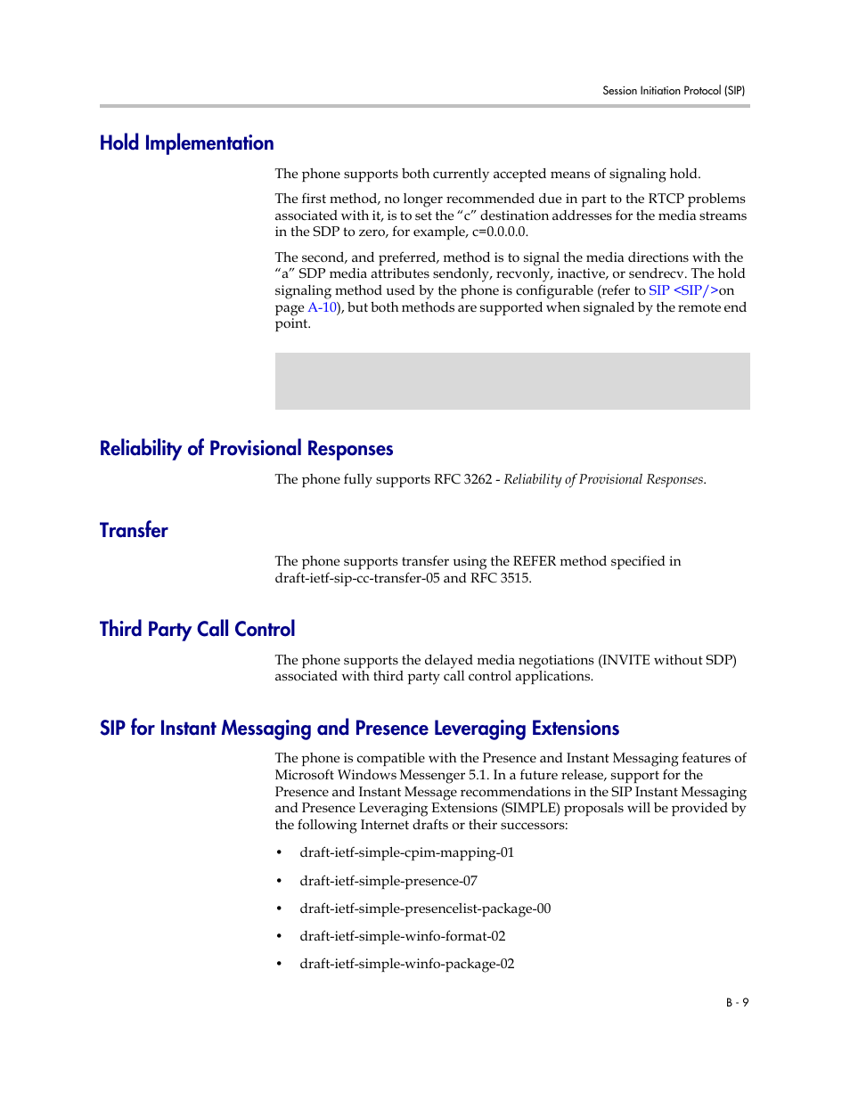 Hold implementation, Reliability of provisional responses, Transfer | Third party call control | Polycom SOUNDPOINT SIP 2.2.0 User Manual | Page 223 / 254