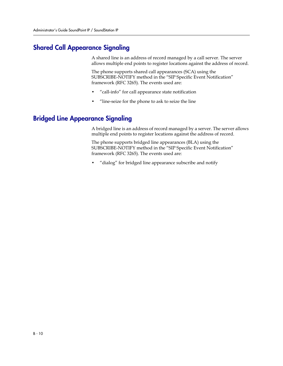 Shared call appearance signaling, Bridged line appearance signaling, B-10 | Fer to | Polycom SOUNDPOINT SIP 2.2.0 User Manual | Page 224 / 254