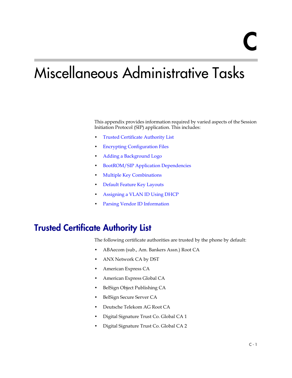 Miscellaneous administrative tasks, Trusted certificate authority list, Trusted | Certificate authority list, Ning. refer to | Polycom SOUNDPOINT SIP 2.2.0 User Manual | Page 225 / 254