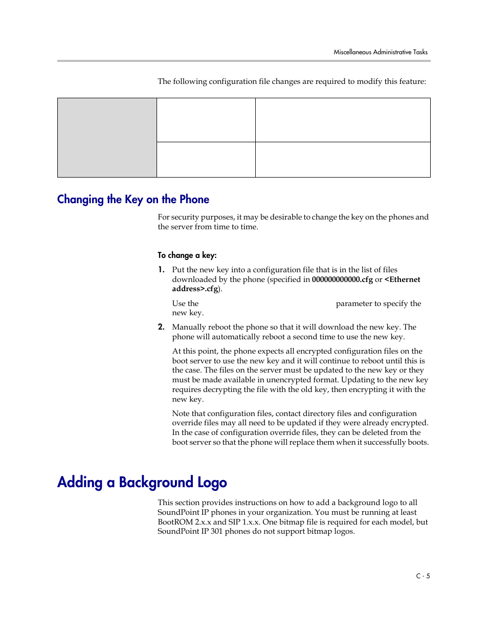 Changing the key on the phone, Adding a background logo | Polycom SOUNDPOINT SIP 2.2.0 User Manual | Page 229 / 254