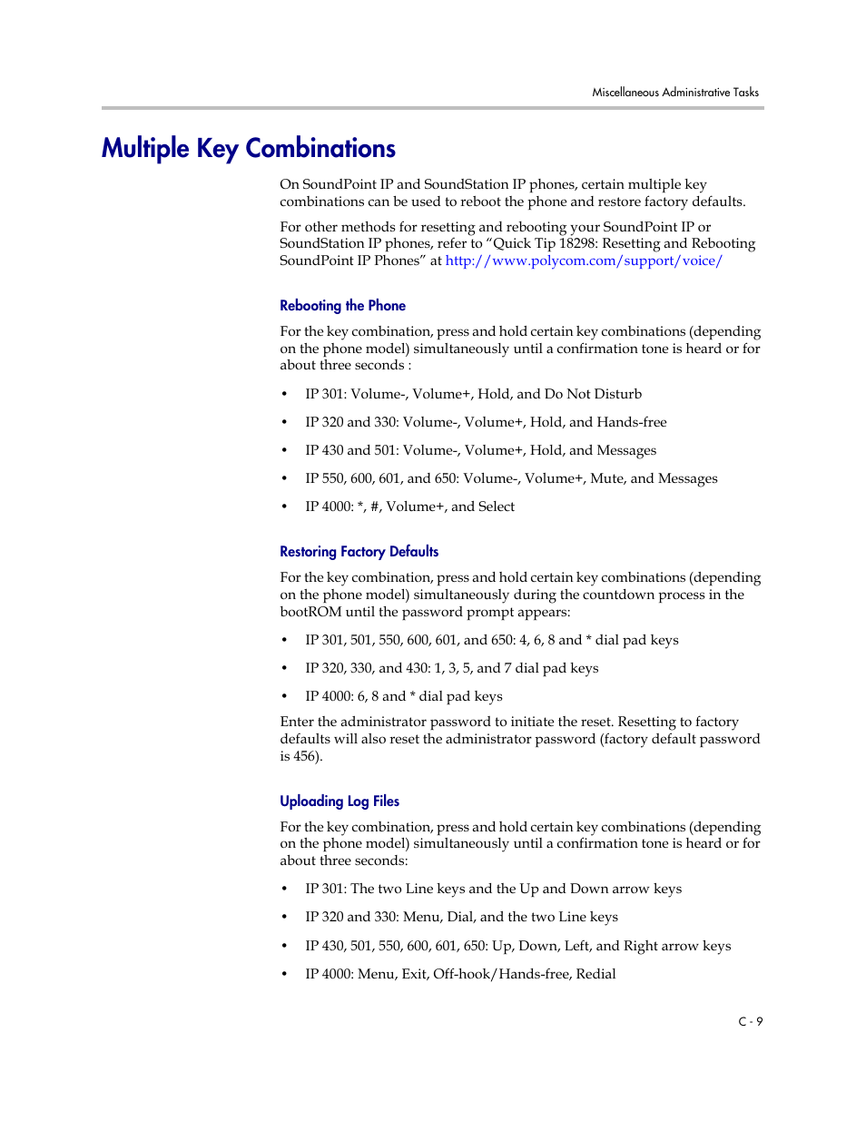 Multiple key combinations, Refer to, Rebooting the | Phone | Polycom SOUNDPOINT SIP 2.2.0 User Manual | Page 233 / 254