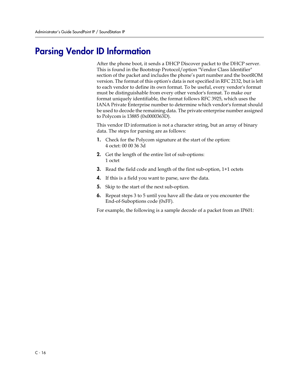 Parsing vendor id information, C-16 | Polycom SOUNDPOINT SIP 2.2.0 User Manual | Page 240 / 254