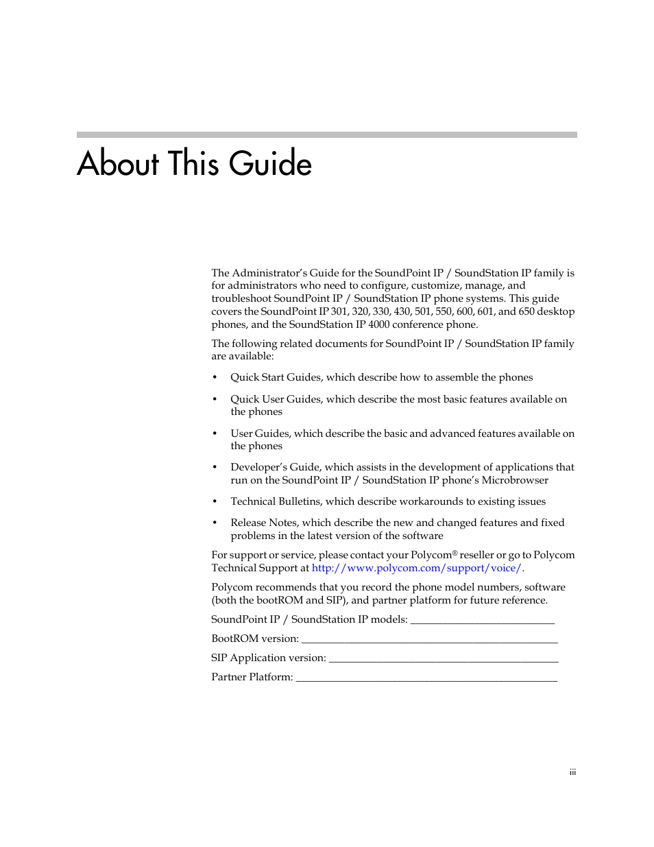 About this guide | Polycom SOUNDPOINT SIP 2.2.0 User Manual | Page 3 / 254