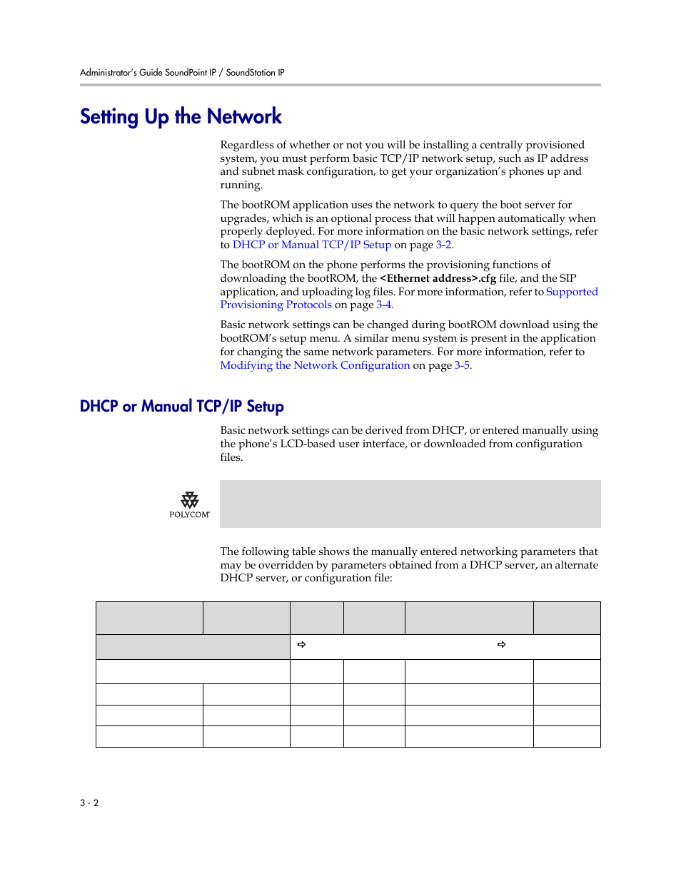 Setting up the network, Dhcp or manual tcp/ip setup, Setting up the network –2 | Dhcp or manual tcp/ip setup –2 | Polycom SOUNDPOINT SIP 2.2.0 User Manual | Page 30 / 254