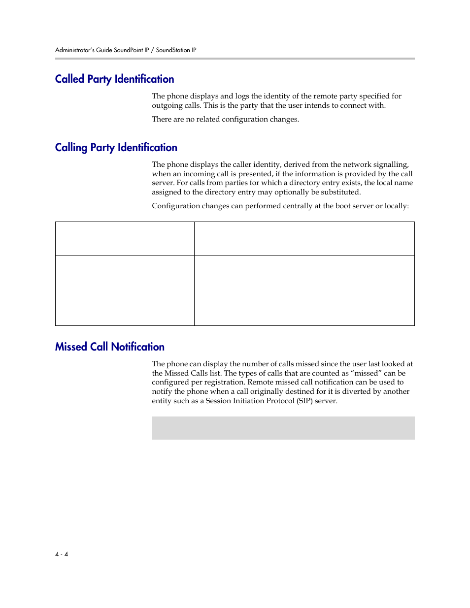 Called party identification, Calling party identification, Missed call notification | Polycom SOUNDPOINT SIP 2.2.0 User Manual | Page 52 / 254