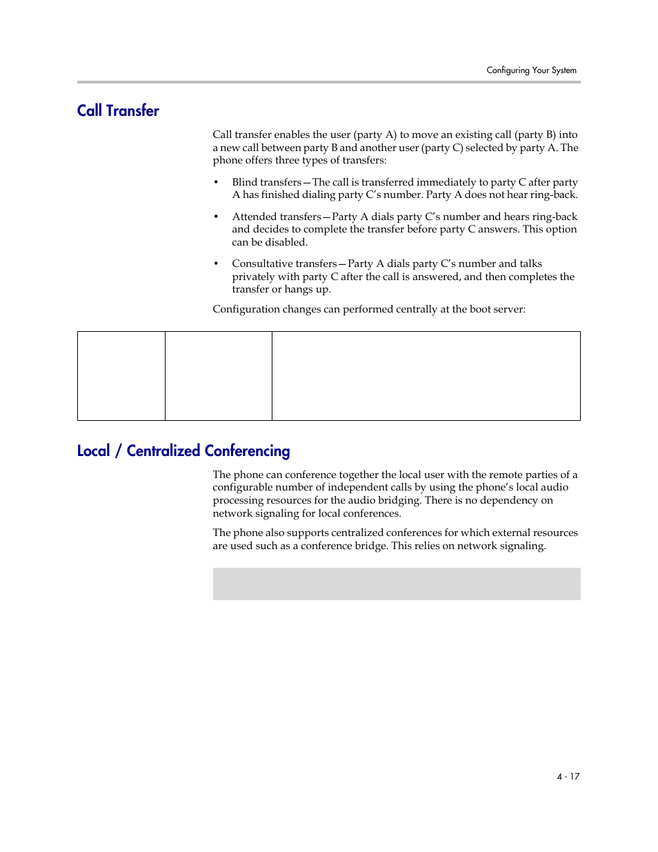 Call transfer, Local / centralized conferencing, The phone | Polycom SOUNDPOINT SIP 2.2.0 User Manual | Page 65 / 254