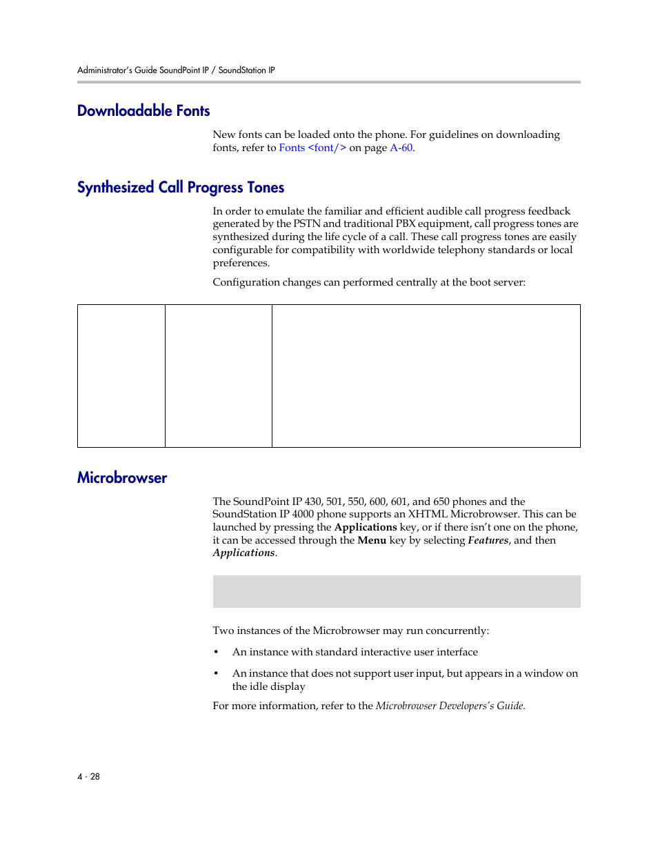 Downloadable fonts, Synthesized call progress tones, Microbrowser | New fonts can be, In order to e | Polycom SOUNDPOINT SIP 2.2.0 User Manual | Page 76 / 254