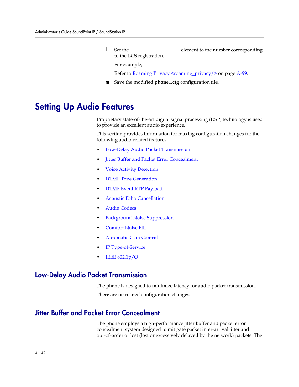 Setting up audio features, Low-delay audio packet transmission, Jitter buffer and packet error concealment | Setting up audio features –42, Emplo | Polycom SOUNDPOINT SIP 2.2.0 User Manual | Page 90 / 254