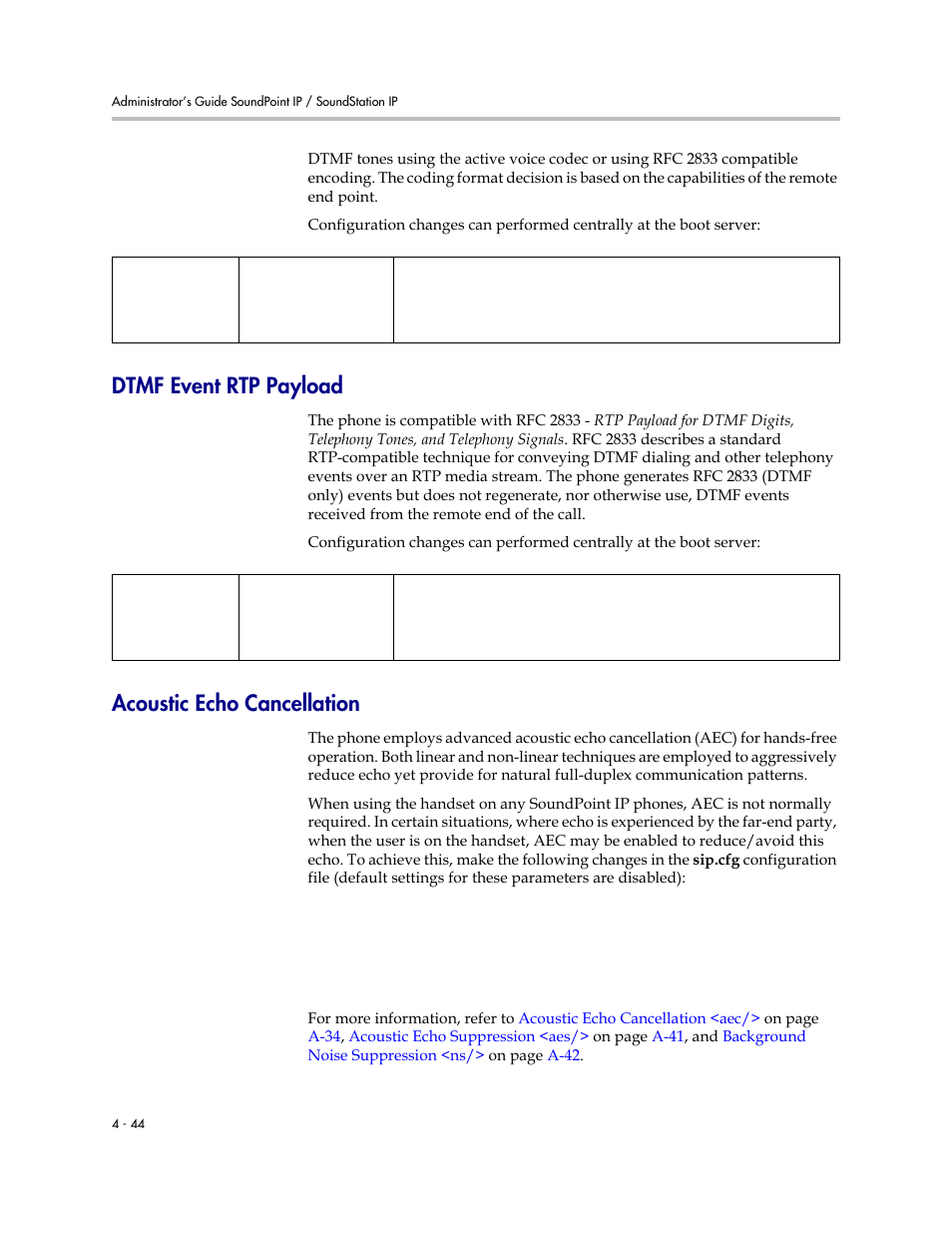 Dtmf event rtp payload, Acoustic echo cancellation, Employs advance | Conforms to rfc | Polycom SOUNDPOINT SIP 2.2.0 User Manual | Page 92 / 254