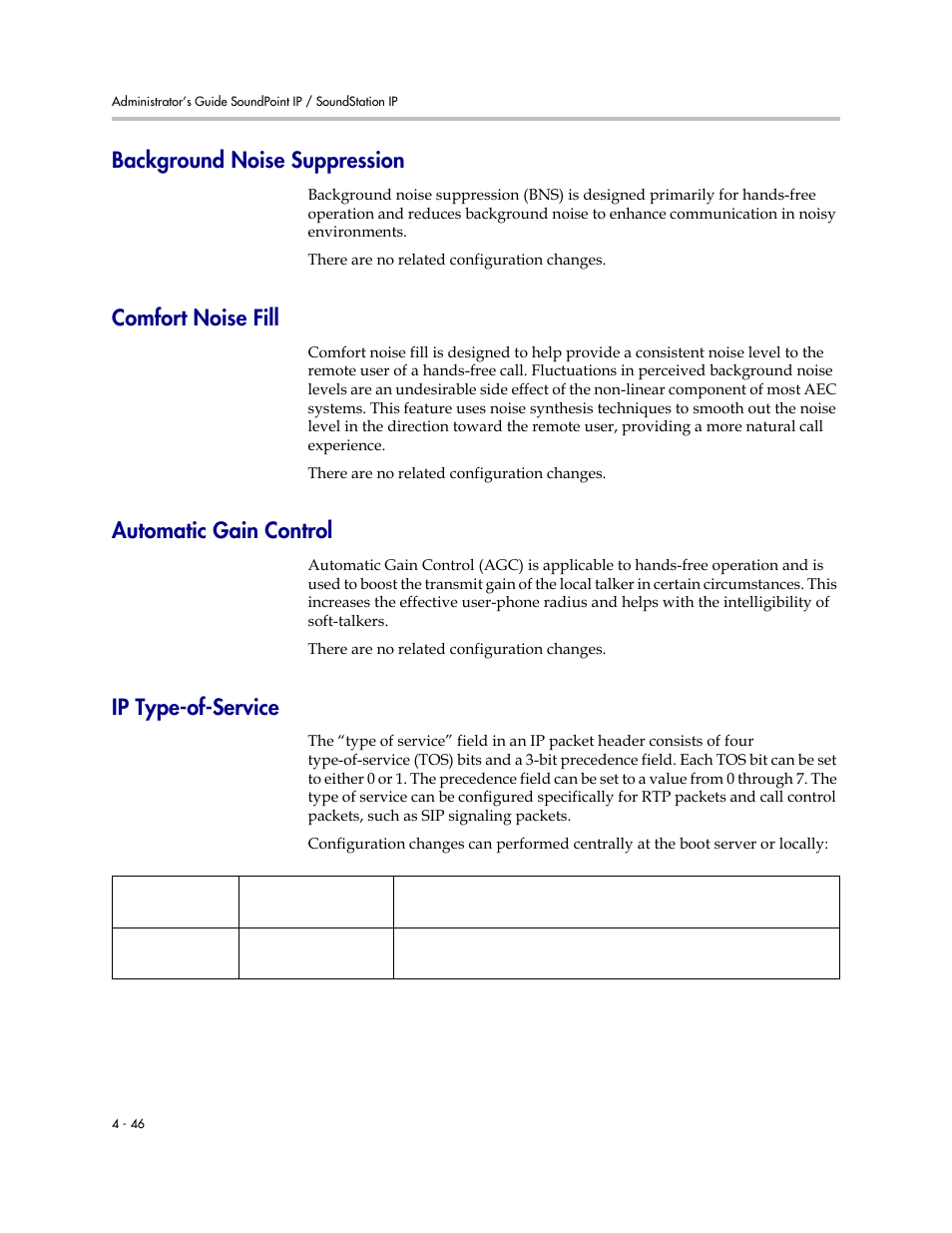 Background noise suppression, Comfort noise fill, Automatic gain control | Ip type-of-service | Polycom SOUNDPOINT SIP 2.2.0 User Manual | Page 94 / 254