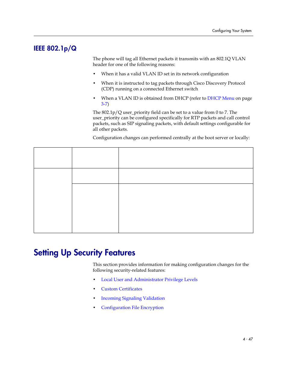 Ieee 802.1p/q, Setting up security features, Ieee 802.1p/q –47 | Setting up security features –47 | Polycom SOUNDPOINT SIP 2.2.0 User Manual | Page 95 / 254