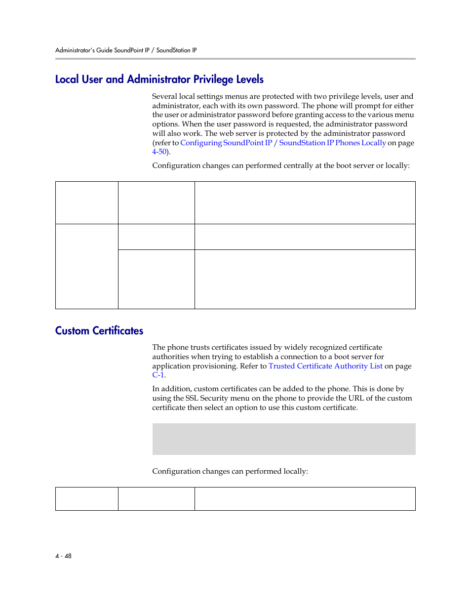 Local user and administrator privilege levels, Custom certificates | Polycom SOUNDPOINT SIP 2.2.0 User Manual | Page 96 / 254