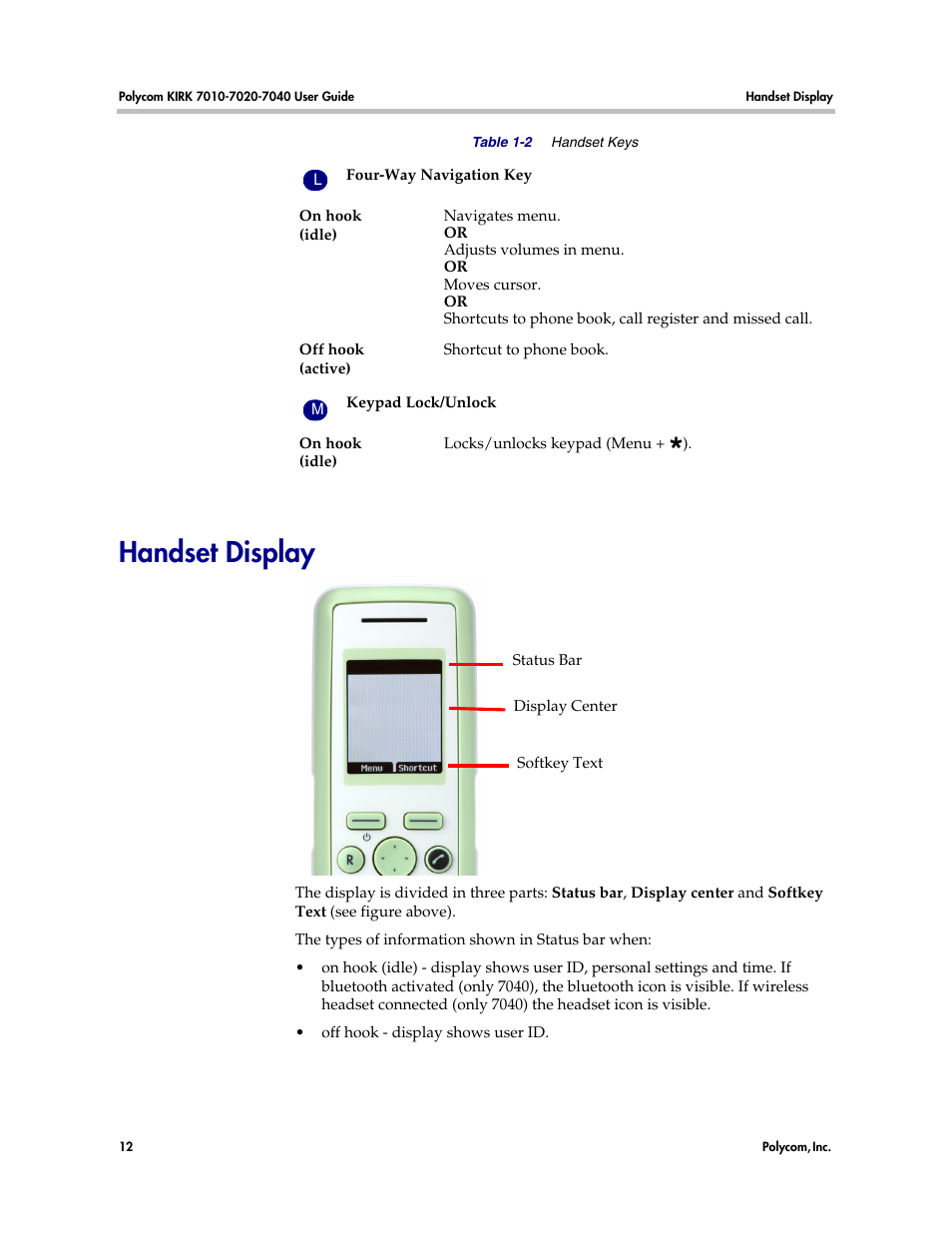 Handset display | Polycom KIRK 7010 User Manual | Page 11 / 82