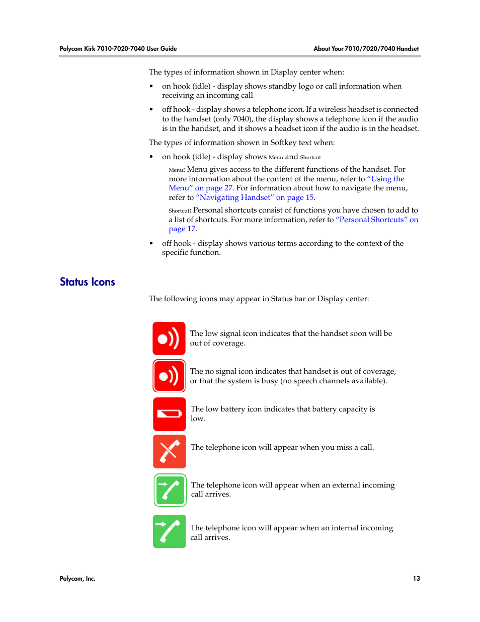 Status icons | Polycom KIRK 7010 User Manual | Page 12 / 82