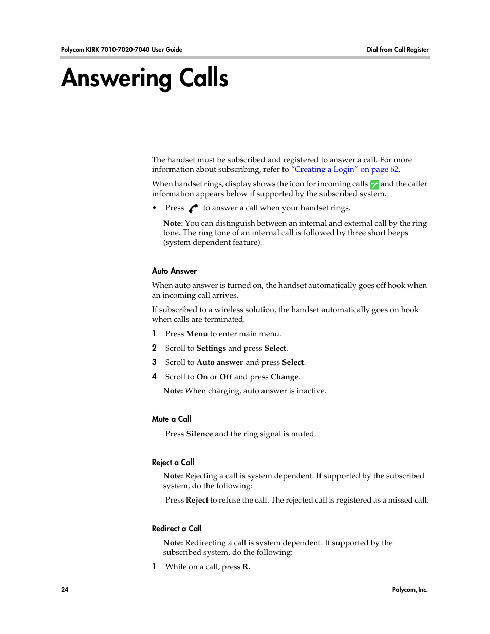 Answering calls | Polycom KIRK 7010 User Manual | Page 23 / 82