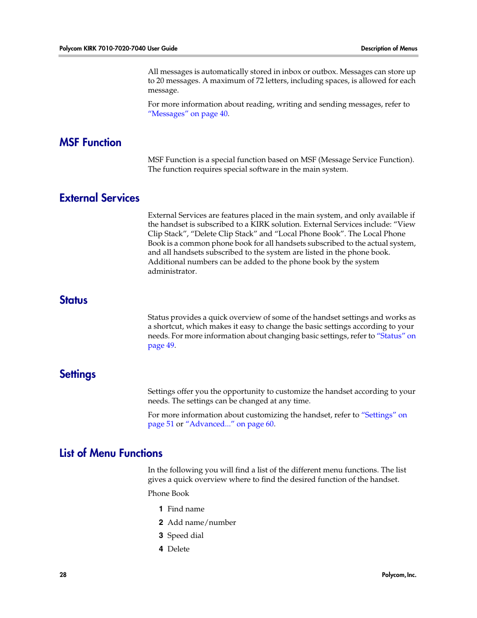 Msf function, External services, Status | Settings, List of menu functions, Which will give you a quick overview | Polycom KIRK 7010 User Manual | Page 27 / 82