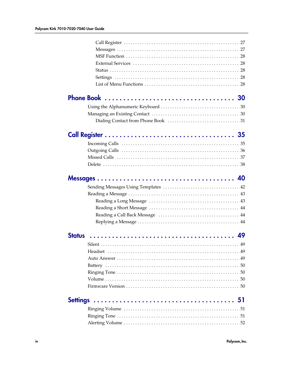 Phone book, Call register, Messages | Status, Settings | Polycom KIRK 7010 User Manual | Page 4 / 82
