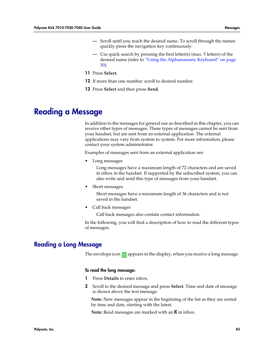 Reading a message, Reading a long message | Polycom KIRK 7010 User Manual | Page 42 / 82