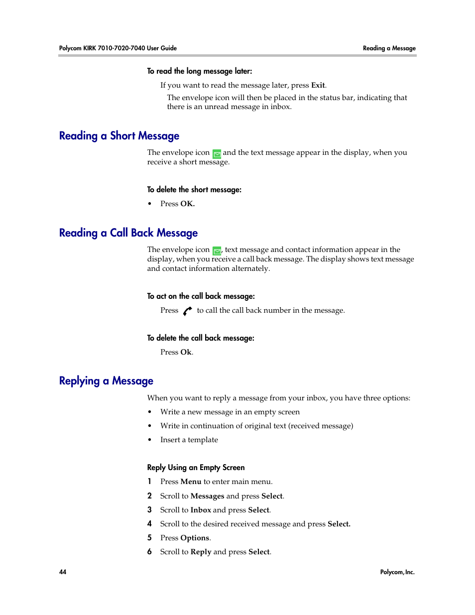 Reading a short message, Reading a call back message, Replying a message | Polycom KIRK 7010 User Manual | Page 43 / 82