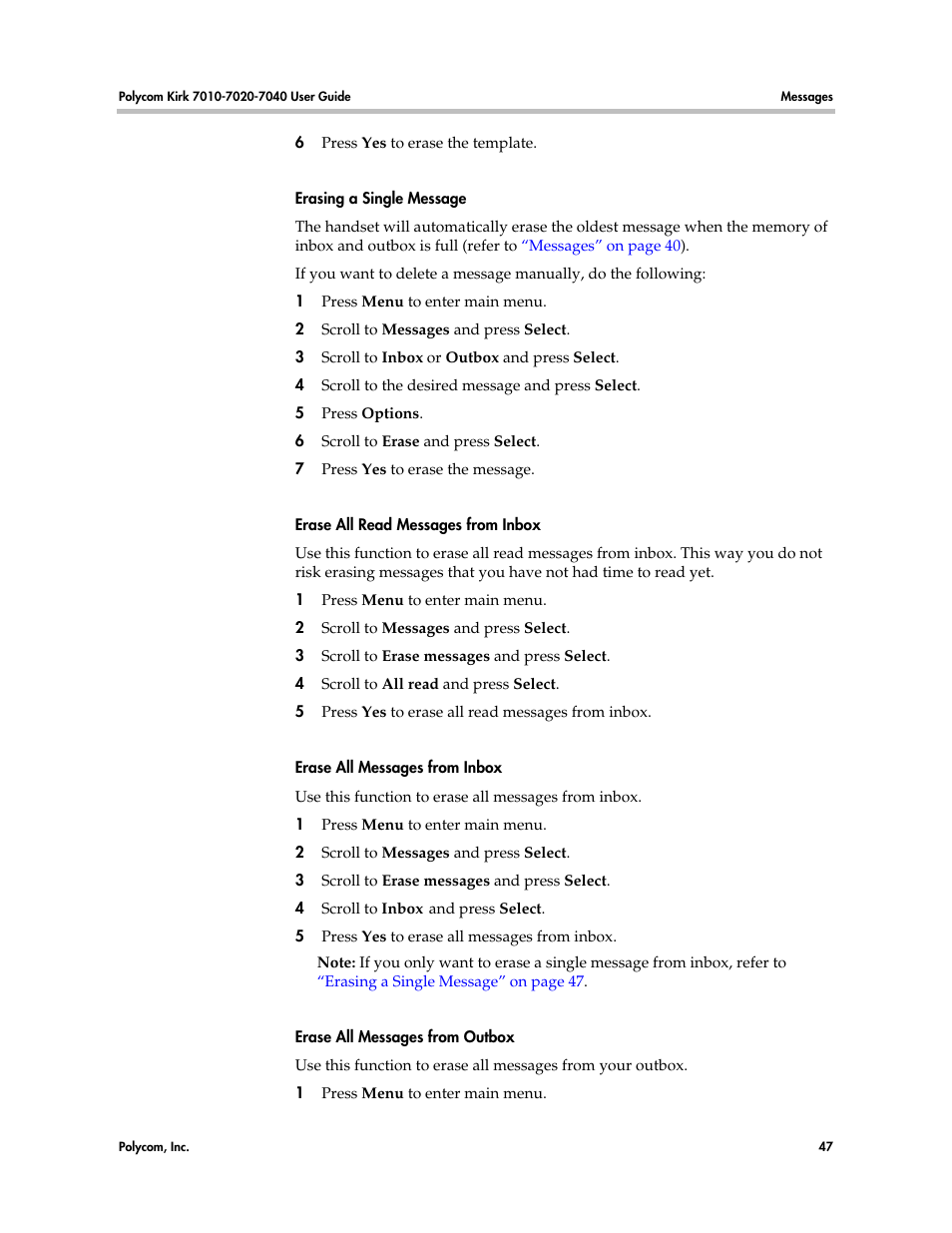 Erase all read messages from inbox, Erase all messages | Polycom KIRK 7010 User Manual | Page 46 / 82