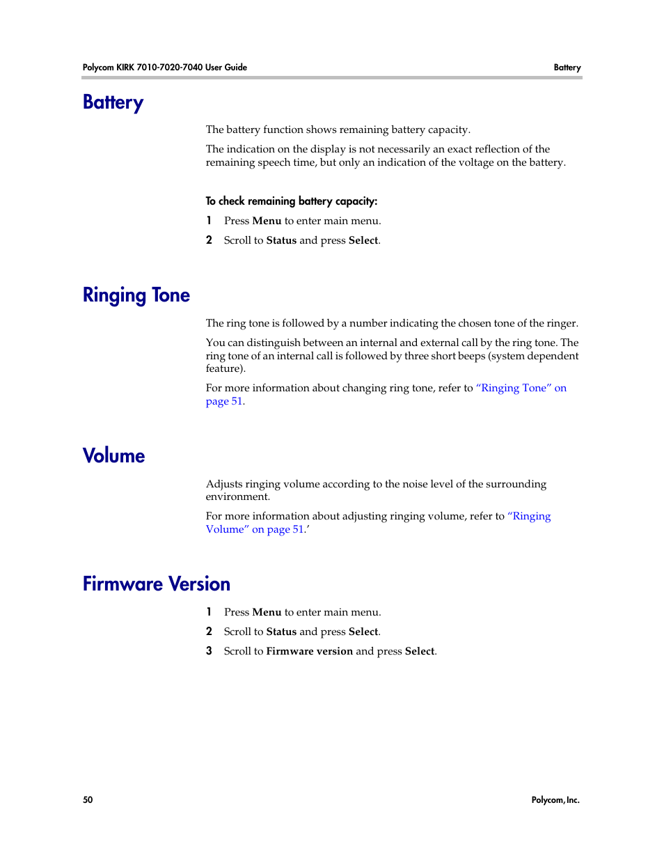 Battery, Ringing tone, Volume | Firmware version, Battery ringing tone volume firmware version | Polycom KIRK 7010 User Manual | Page 49 / 82