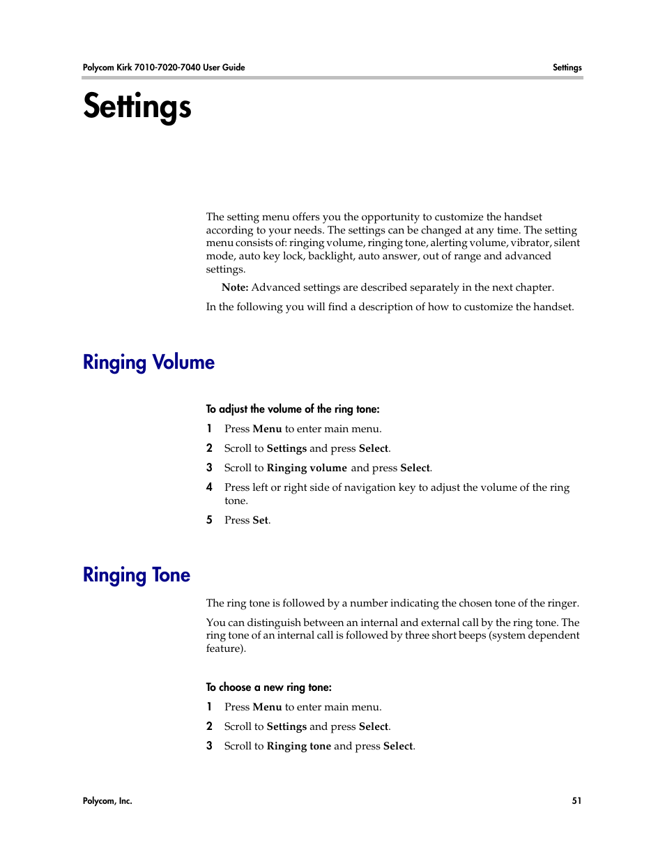 Settings, Ringing volume, Ringing tone | Ringing volume ringing tone, Settings” on, Ringing tone” on, Ringing | Polycom KIRK 7010 User Manual | Page 50 / 82