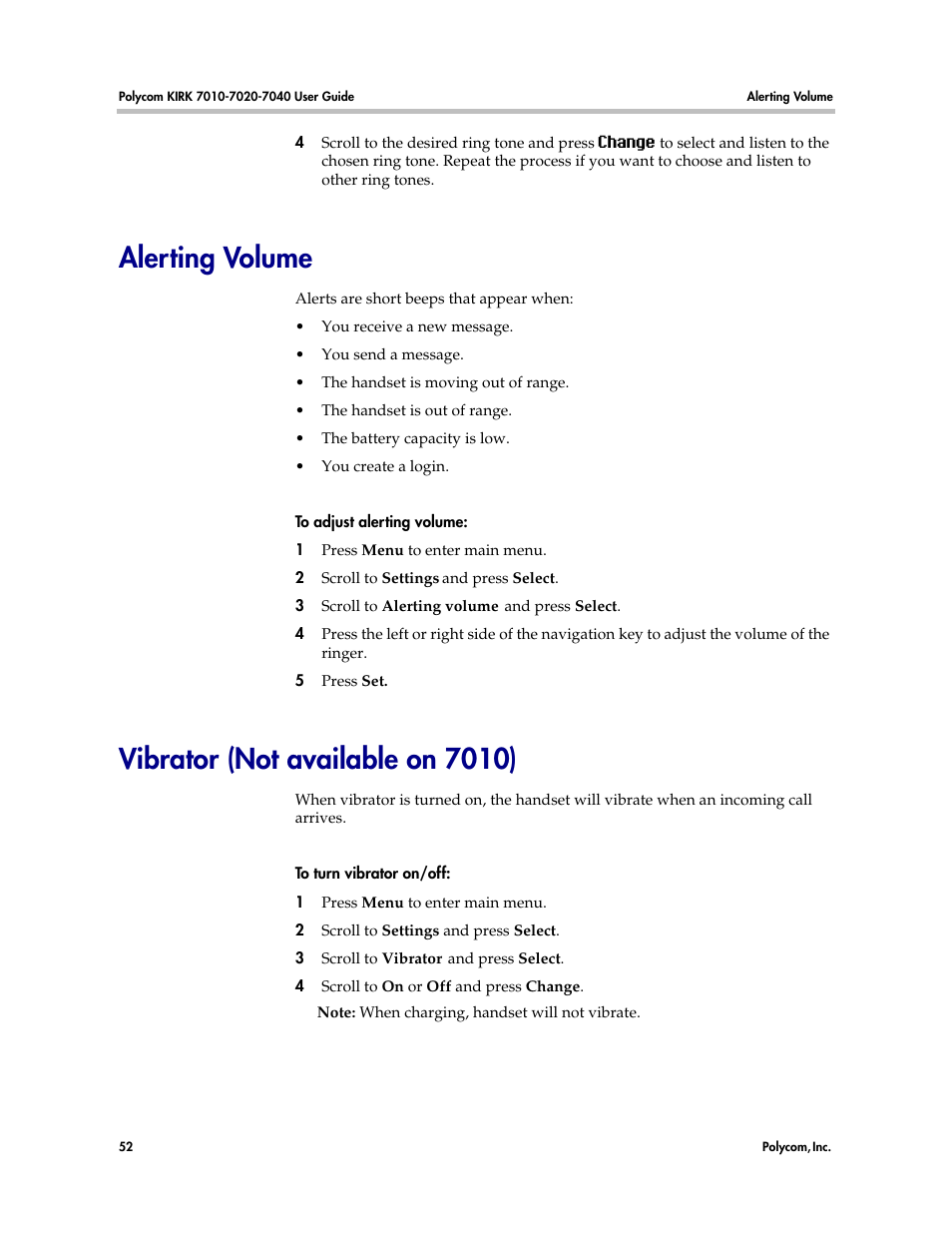 Alerting volume, Vibrator (not available on 7010) | Polycom KIRK 7010 User Manual | Page 51 / 82