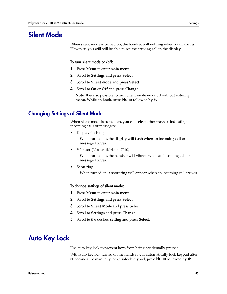 Silent mode, Changing settings of silent mode, Auto key lock | Silent | Polycom KIRK 7010 User Manual | Page 52 / 82