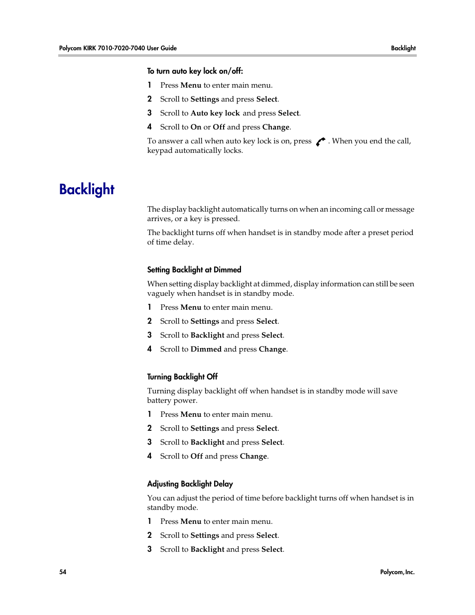 Backlight, Turning backlight off | Polycom KIRK 7010 User Manual | Page 53 / 82