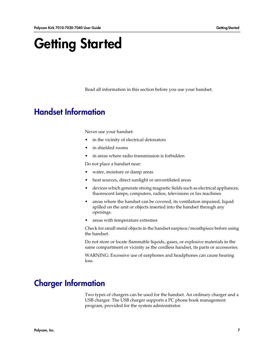 Getting started, Handset information, Charger information | Handset information charger information | Polycom KIRK 7010 User Manual | Page 6 / 82