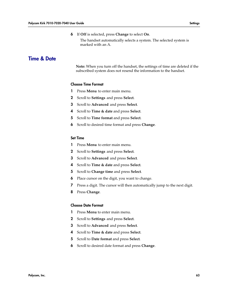 Time & date | Polycom KIRK 7010 User Manual | Page 62 / 82