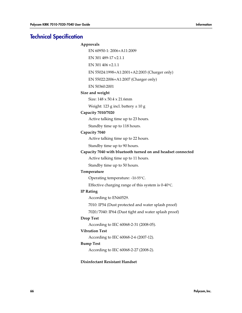 Technical specification | Polycom KIRK 7010 User Manual | Page 65 / 82