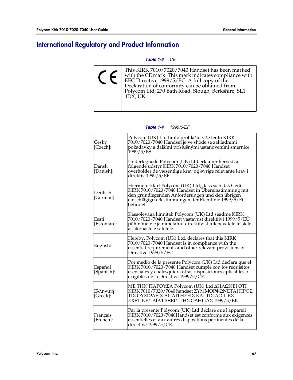 International regulatory and product information | Polycom KIRK 7010 User Manual | Page 66 / 82