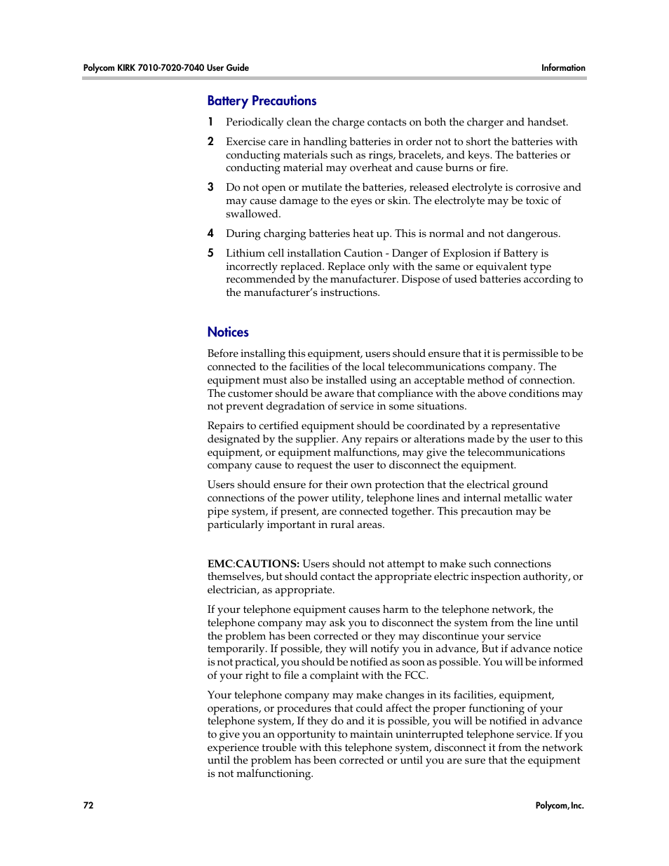 Battery precautions, Notices, Battery precautions notices | Polycom KIRK 7010 User Manual | Page 71 / 82