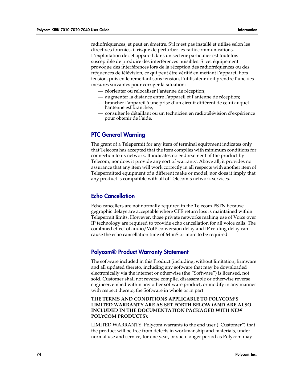 Ptc general warning, Echo cancellation, Polycom® product warranty statement | Polycom KIRK 7010 User Manual | Page 73 / 82