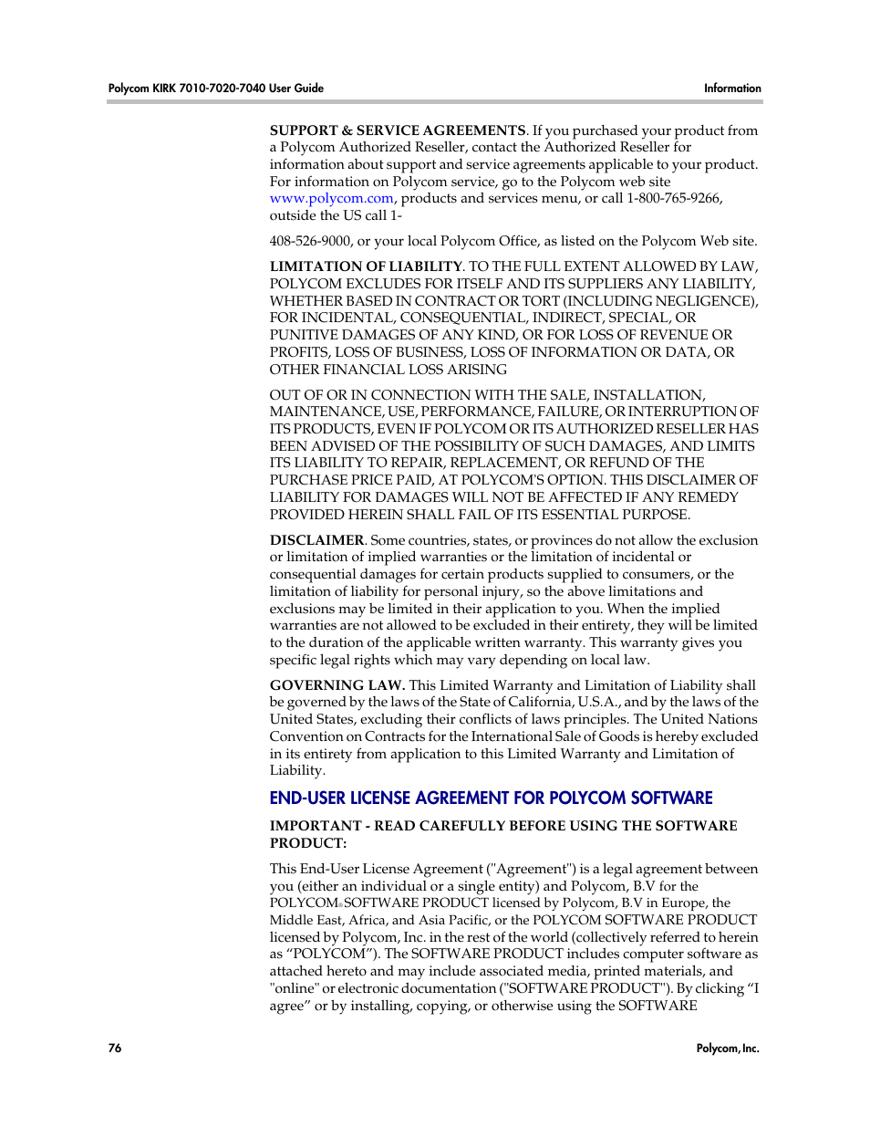 End-user license agreement for polycom software | Polycom KIRK 7010 User Manual | Page 75 / 82