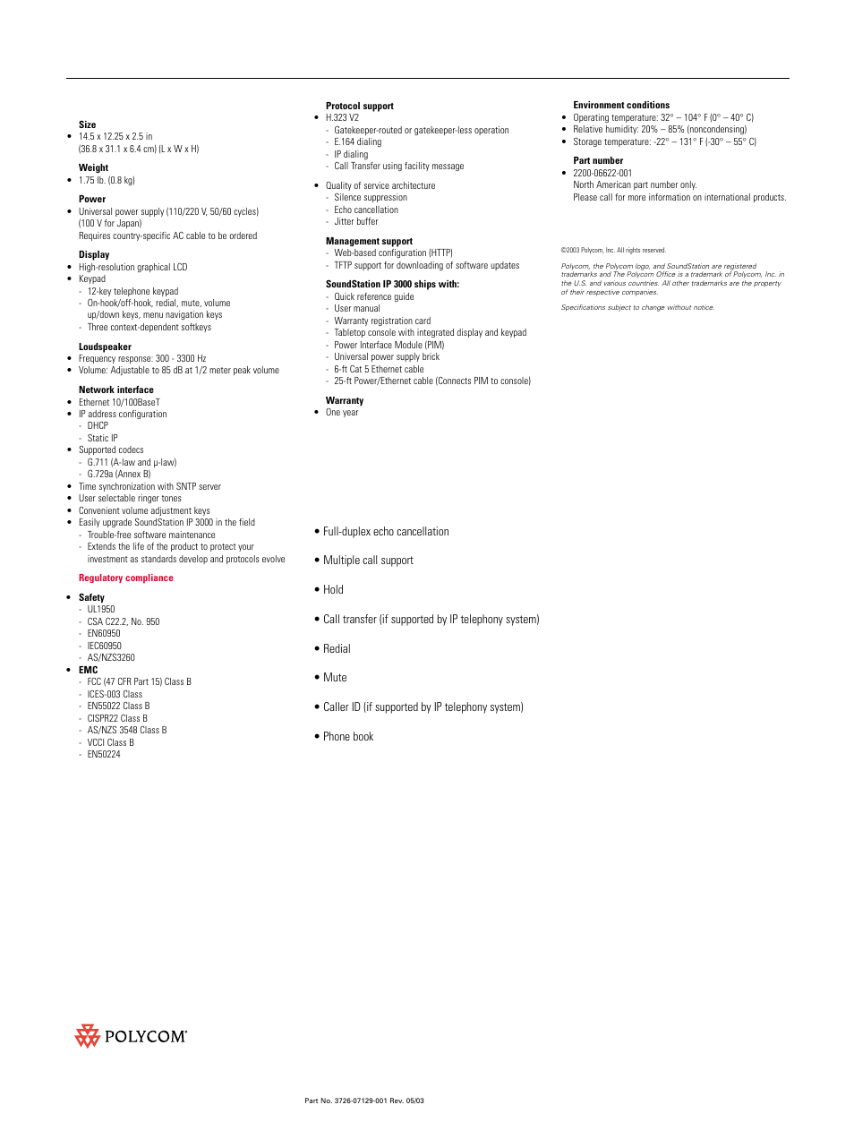 Polycom soundstation ip 3000 specifications | Polycom IP 3000 User Manual | Page 2 / 2