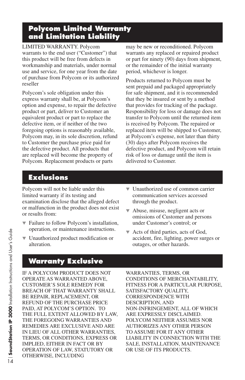 Warranty exclusive | Polycom IP3000 User Manual | Page 18 / 20