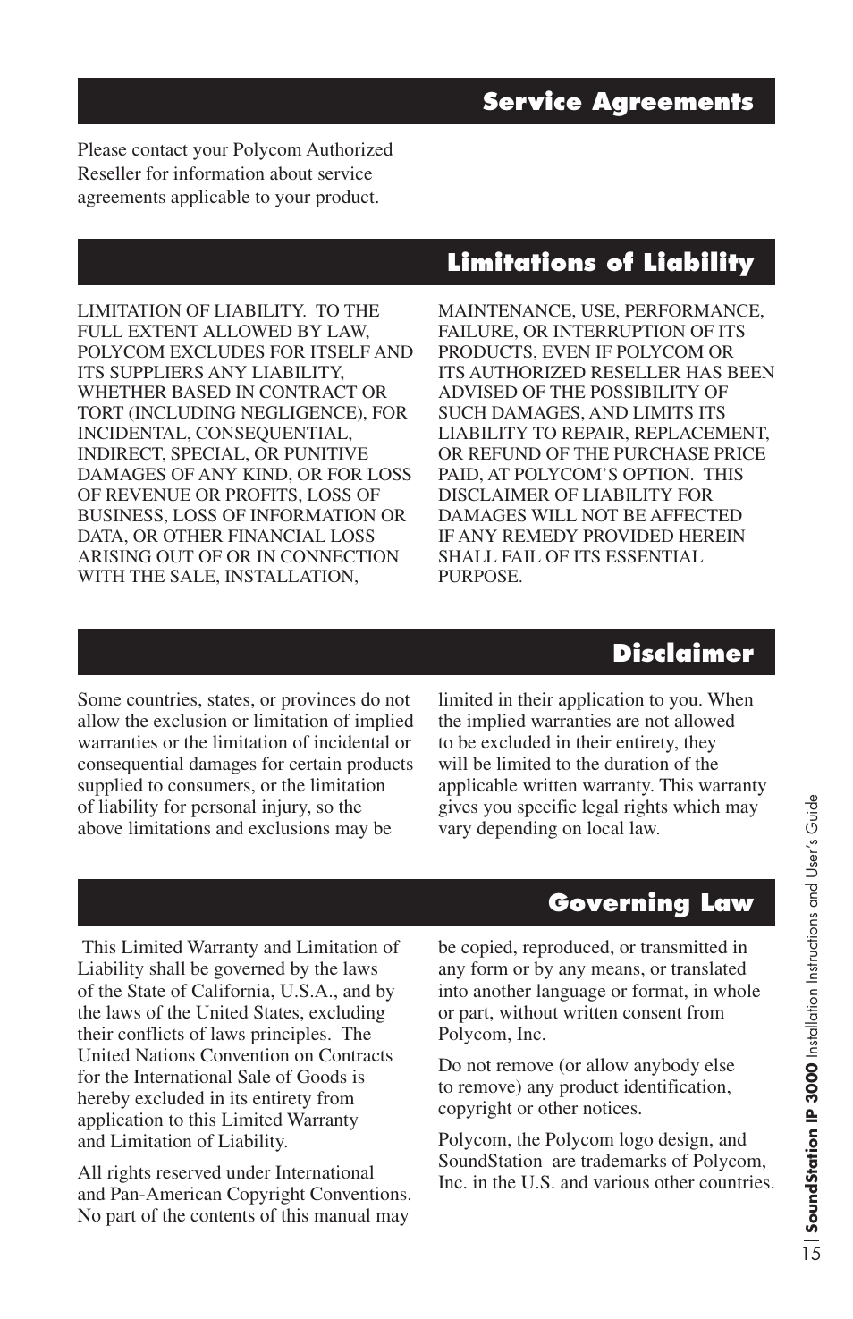 Limitations of liability, Disclaimer, Governing law | Service agreements | Polycom IP3000 User Manual | Page 19 / 20