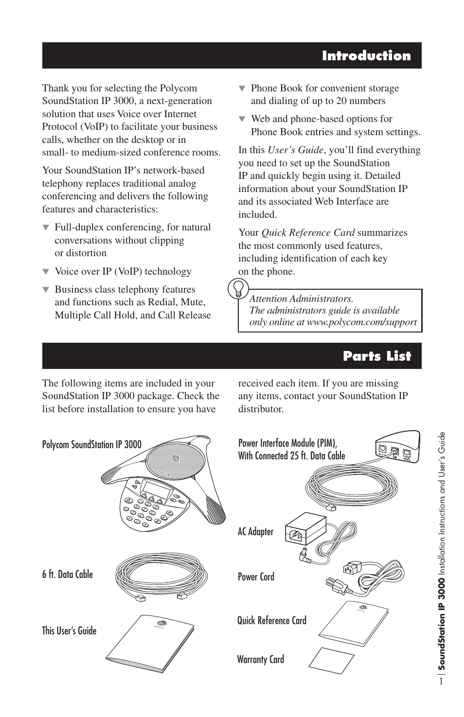 Introduction parts list | Polycom IP3000 User Manual | Page 5 / 20