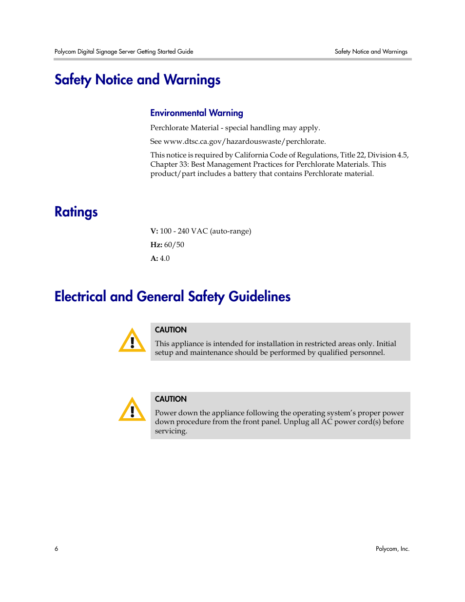 Safety notice and warnings, Environmental warning, Ratings | Electrical and general safety guidelines, Ratings electrical and general safety guidelines | Polycom PDS 725-78600-002A2 User Manual | Page 10 / 32
