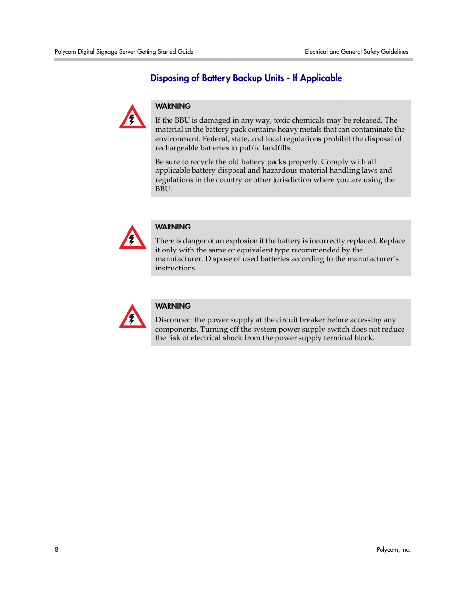 Disposing of battery backup units - if applicable | Polycom PDS 725-78600-002A2 User Manual | Page 12 / 32