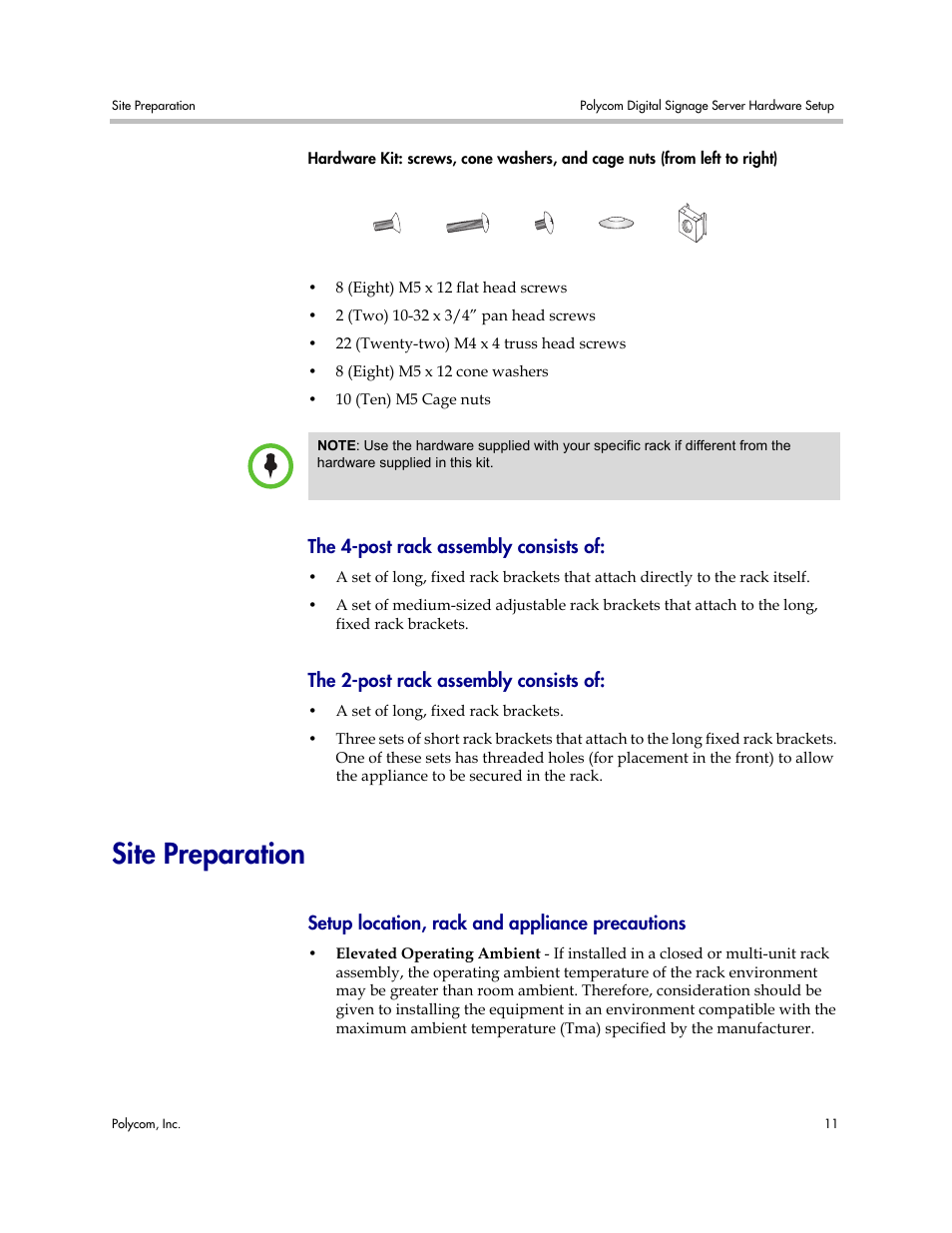 The 4-post rack assembly consists of, The 2-post rack assembly consists of, Site preparation | Setup location, rack and appliance precautions | Polycom PDS 725-78600-002A2 User Manual | Page 15 / 32