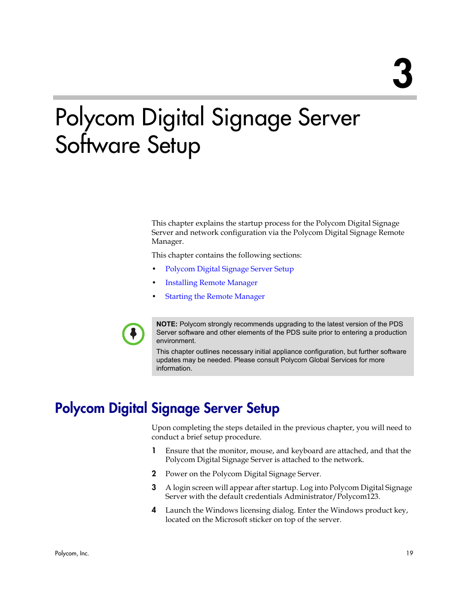 Polycom digital signage server software setup, Polycom digital signage server setup | Polycom PDS 725-78600-002A2 User Manual | Page 23 / 32