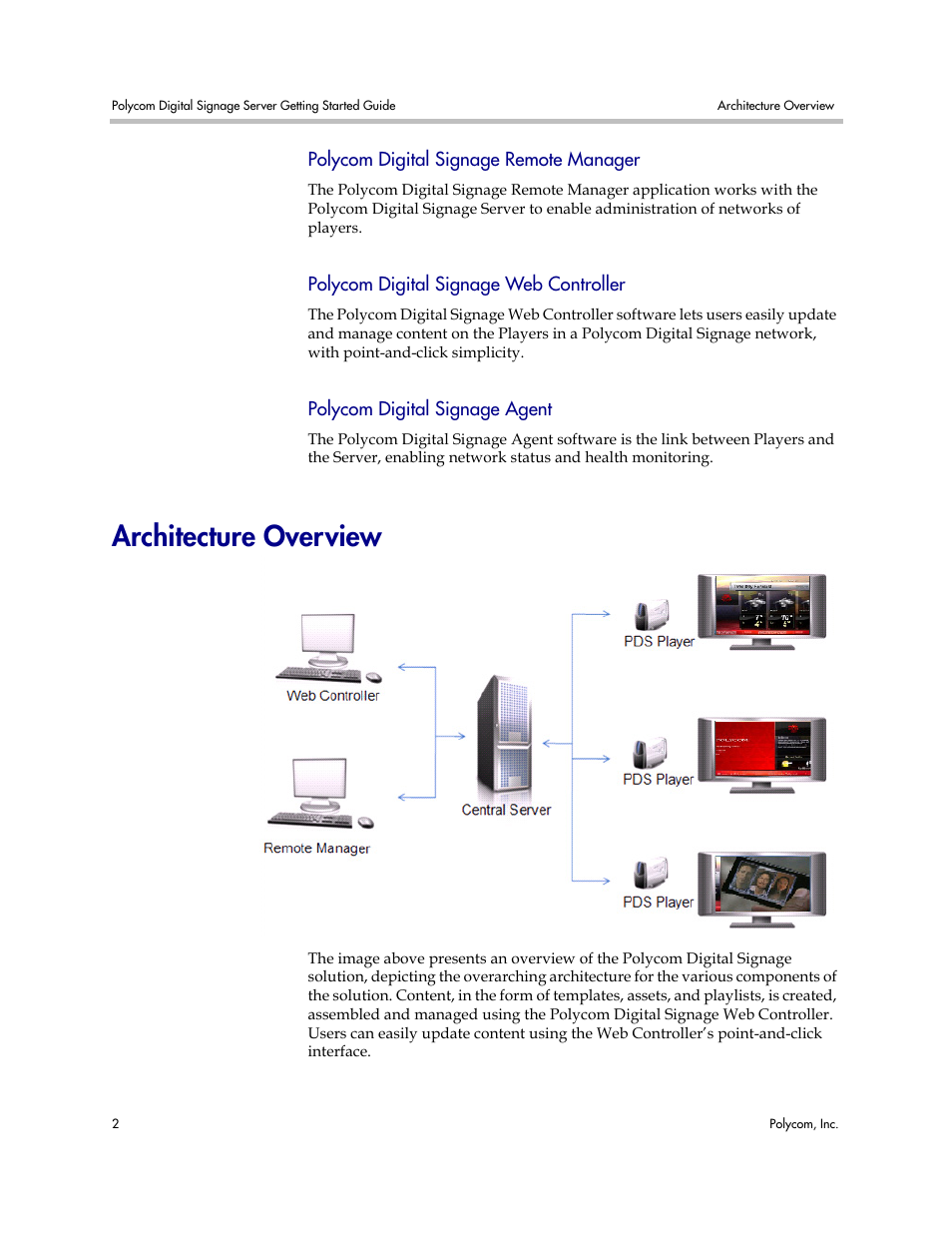 Polycom digital signage remote manager, Polycom digital signage web controller, Polycom digital signage agent | Architecture overview | Polycom PDS 725-78600-002A2 User Manual | Page 6 / 32