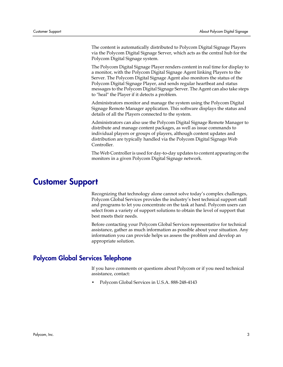 Customer support, Polycom global services telephone | Polycom PDS 725-78600-002A2 User Manual | Page 7 / 32