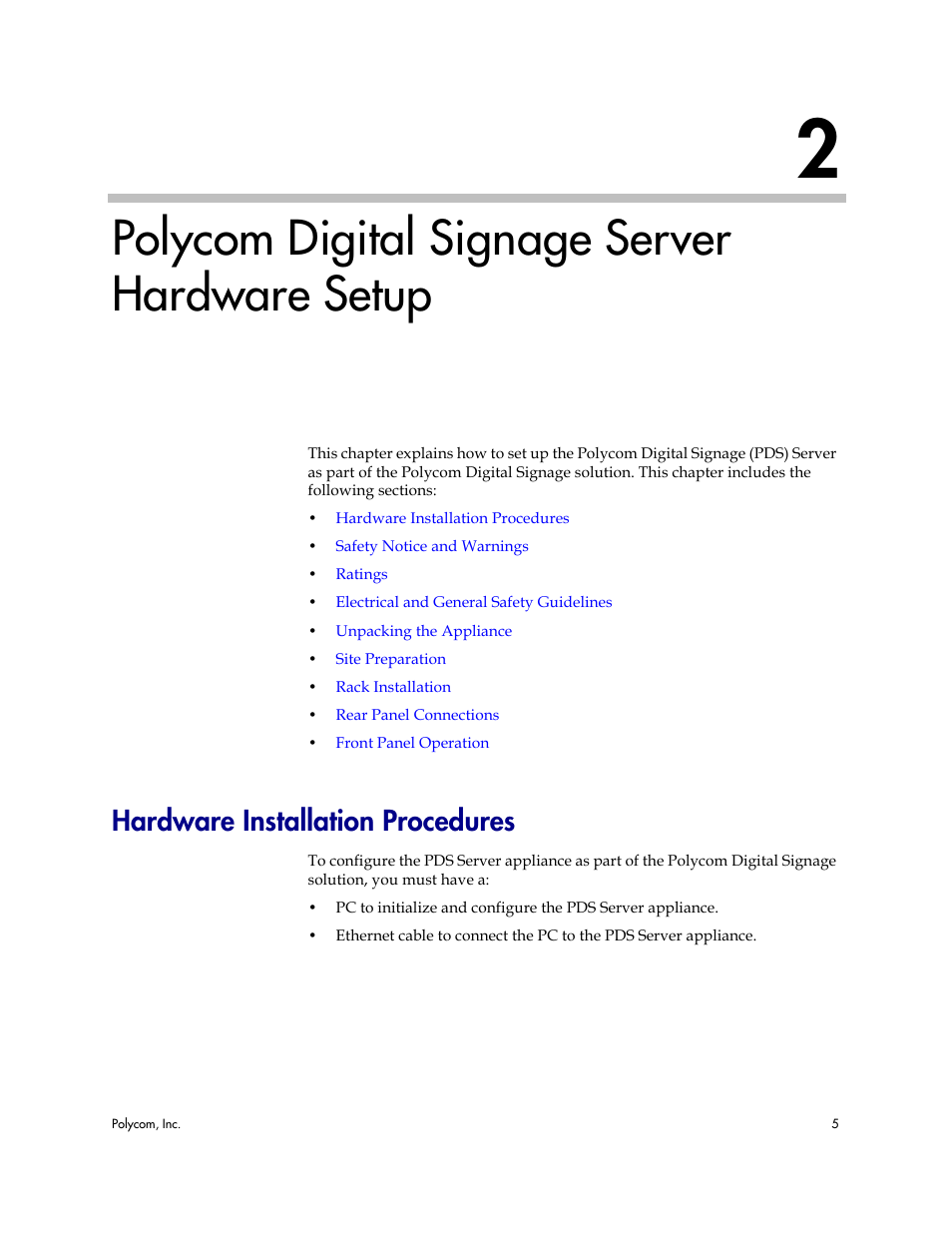 Polycom digital signage server hardware setup, Hardware installation procedures | Polycom PDS 725-78600-002A2 User Manual | Page 9 / 32