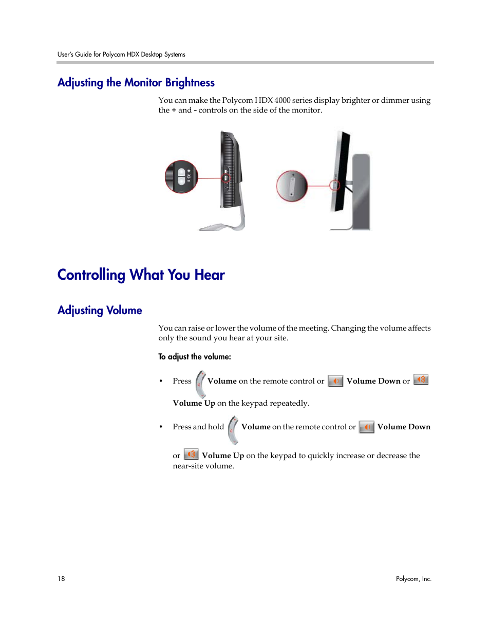 Adjusting the monitor brightness, Controlling what you hear, Adjusting volume | Polycom 3725-26470-004/A User Manual | Page 22 / 49