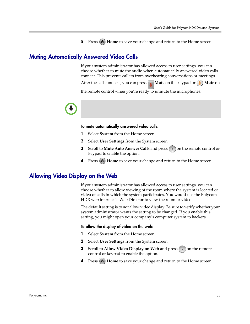 Muting automatically answered video calls, Allowing video display on the web | Polycom 3725-26470-004/A User Manual | Page 39 / 49